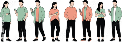 Vector illustration of diverse young people standing in line using smartphones, casual urban fashion, digital communication, and social networking