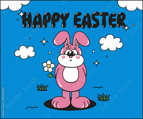 Easter cartoon card in 90s retro style. Spring elements, rabbits, eggs, Christian holiday, Easter flowers. Vector groovy retro shape