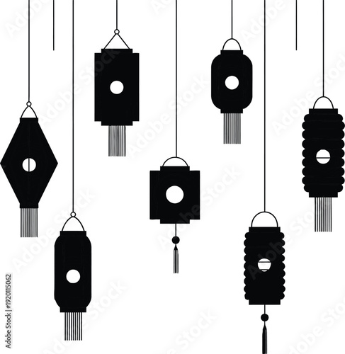 Traditional Japanese Paper Lantern Silhouettes Set for Lunar New Year Design, vesak day of full moon