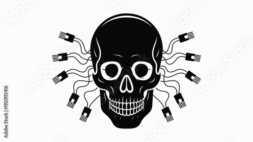 Dark Robot Skull with Electric Wires Attached black
