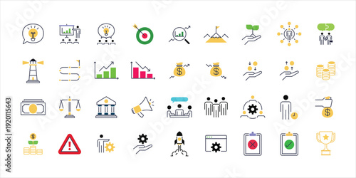 Bussines organization, strategy and management of success startup thin line red black icons set vector illustration. Abstract symbols executive plan