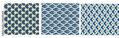 ネイビーとくすみブルーで構成された和モダン幾何学シームレスパターン3種セット｜青海波と抽象波柄をアレンジした背景デザイン素材