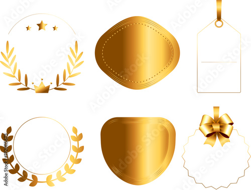 ゴールドグラデーションの月桂樹リース・盾・ラベル・タグ装飾フレームセット｜高級感あふれる表彰・認証バッジ用ベクターデザイン素材集