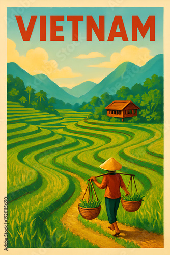 Vietnam rice fields illustration poster