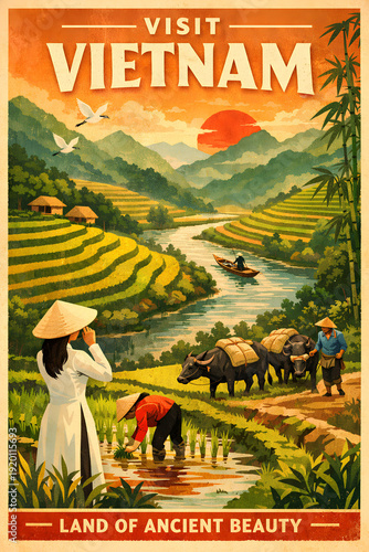 Vietnam rice fields illustration poster