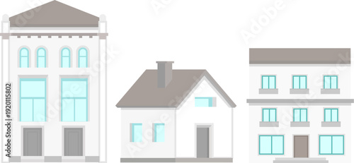 シンプルでやさしい色合いの住宅・公共建築イラストセット｜戸建て住宅・クラシック建物・集合住宅を並べた街並み素材、Webデザインや不動産広告に使える建築アイコン集