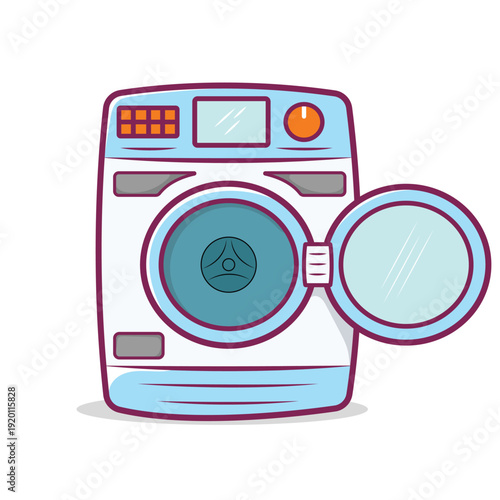 Flat front load washing machine vector illustration with open door. Modern household laundry appliance icon isolated on background. Perfect for home appliance design, laundry service, cleaning concept