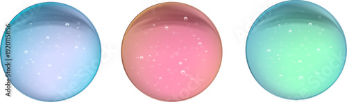 パステルカラーの透明ガラス風グラデーション球体3色セット｜幻想的な光沢とやわらかな輝きを持つ抽象バブルオブジェクト素材