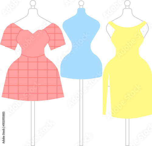 パステルカラーのワンピースドレスを飾ったトルソーマネキンを並べたシンプルなファッションイラスト素材｜洋服展示やアパレルショップのイメージに使えるフラットデザイン背景