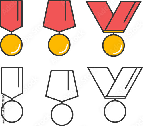 赤いリボンとゴールドメダルの受賞アイコンセット｜シンプル線画とフラットカラーの表彰マークテンプレート素材集（アウトライン付き）