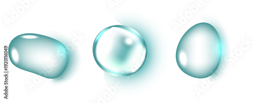 透明感のあるアクアカラーのガラス風オブジェクトセット、水滴・ジェル・液体表現をモチーフにした柔らかい光沢デザイン、化粧品広告や美容・医療・テクノロジー系ビジュアルに使える高解像度装飾素材