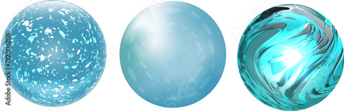 透明感のあるブルーガラス質感の抽象球体セット、光の反射と屈折を表現した清涼感あふれる3D風オブジェクト素材、テクノロジー・医療・サイエンス・未来イメージ背景に使えるモダンなアブストラクトデザイン