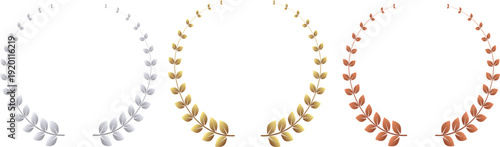 シルバー・ゴールド・ブロンズの質感違いで展開した上品な月桂樹リースフレームセット、表彰・認定・成功・高級感を演出するクラシックで汎用性の高いアワードデザイン素材