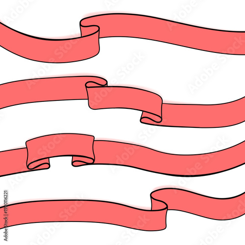 見出し強調やキャッチコピー配置に最適な手描き風カーブリボンの装飾セット、柔らかな流線形でナチュラルな印象を演出できるシンプルフラットデザインのバナーパーツ素材（広告・Web・紙面レイアウト対応）