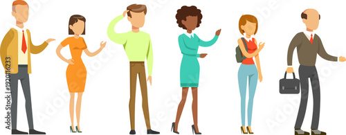 多様な年代と人種を表現したビジネス男女6人のフラットキャラクターセット｜ポーズ違いで使える現代的コミュニケーション人物イラスト素材