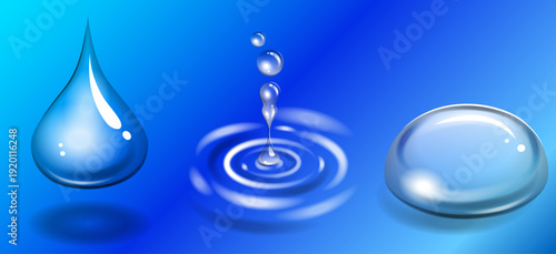 ブルーグラデーション背景に浮かぶリアルな水滴と波紋・透明ジェルの表現セット｜清潔感と潤いを演出するウォーターエフェクトイラスト素材