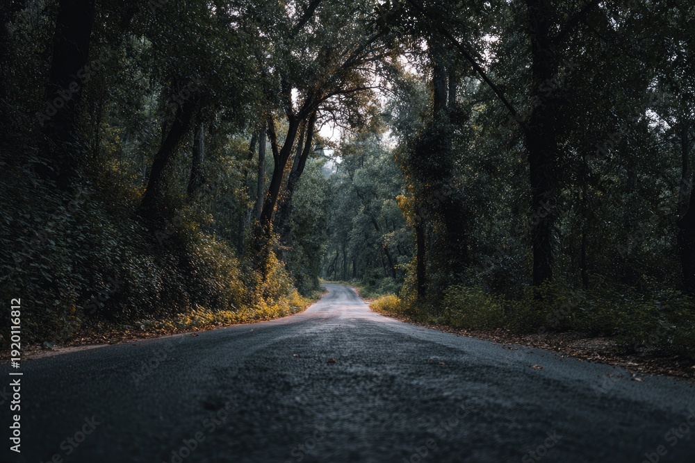 Obraz premium Winding, asphalt road, leading into a dense, green forest with sunlight filtering