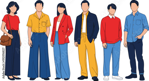 Group of diverse stylish young people wearing colorful casual fashion outfits, standing together in flat vector illustration style