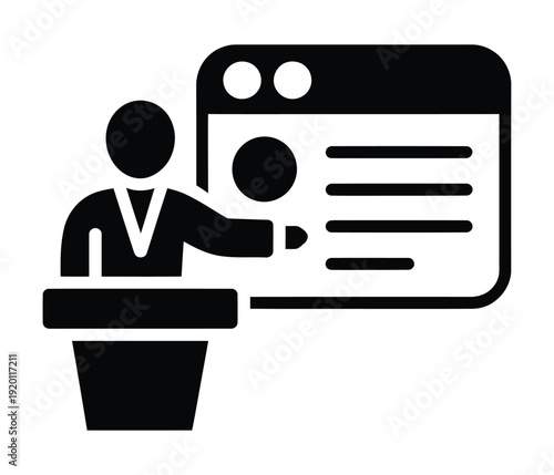 Black vector icon of a person presenting behind a lectern with a digital screen