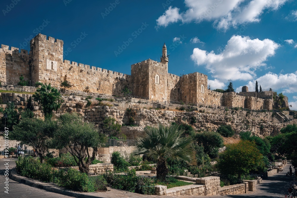Naklejka premium Ancient city walls with a tower and greenery under a vibrant, cloud-strewn blue sky