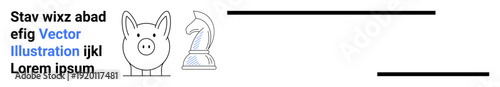 Financial planning, strategy development, decision-making, saving, foresight, and investment. Piggy bank and chess knight near placeholder text. Financial planning and strategy