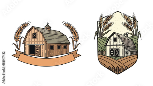 Vintage Farm Barn Logo Illustration, Wooden Granary with Wheat Ears and Blank Ribbon Banner, Rustic Agriculture Emblem for Organic Food Branding Isolated on White Background
