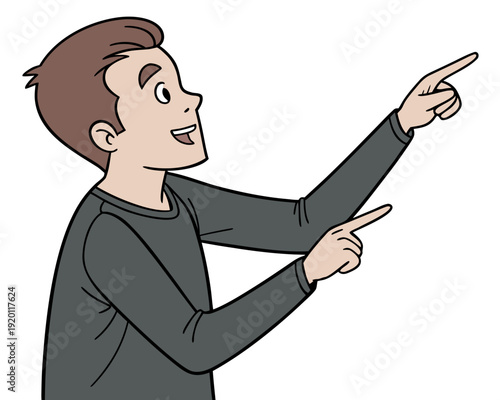 A person with short brown hair wearing a dark long-sleeved shirt. They’re facing to the right, pointing upward with both hands, and their wide eyes and open mouth suggest surprise or excitement.