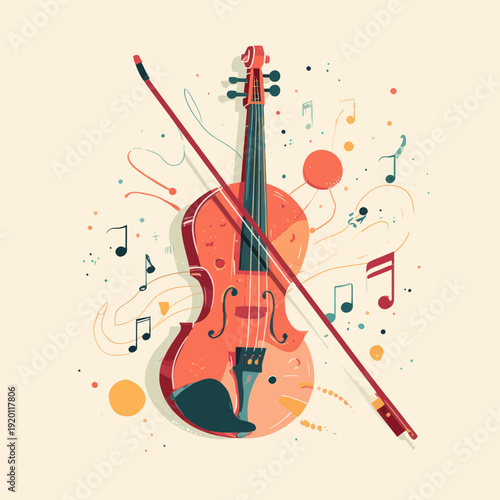Violin illustration with music notes and bow