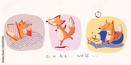 Cute childish wolf, fox cartoon  hand drawn vintage vector illustration. Isolated on white background can be used for print, decor, poster and cards.