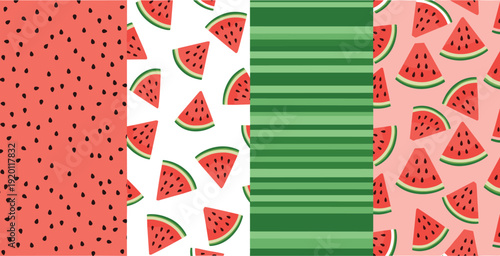 Watermelon seamless pattern collection set. Summer fruit background with slices, seeds and green stripes. Cute repeating textile design for fabric, wallpaper and wrapping paper.