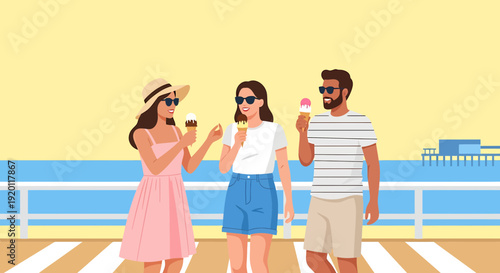Three friends enjoying ice cream on a sunny pier overlooking the ocean from a walking path