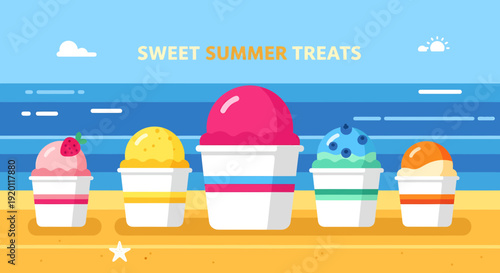 Colorful ice cream cups on a beach with summer treats in view