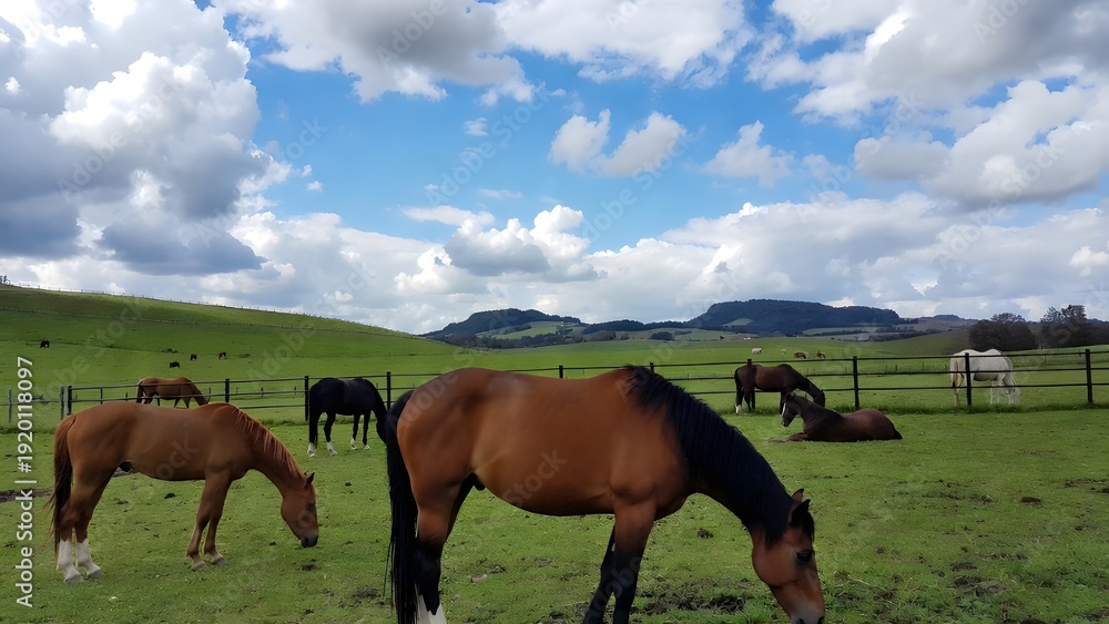 Obraz premium Horses grazing peacefully in a green pasture under a cloudy blue sky