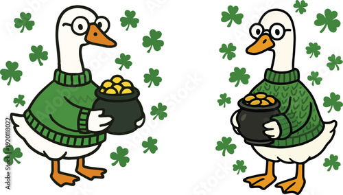 St. Patrick's Day Cute Ducks Collection, Lucky Shamrock Clover and Leprechaun Hat Outfits, Flat Vector Illustration 