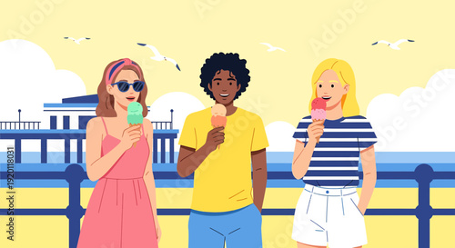 Three friends enjoying ice cream together on a sunny seaside promenade on a warm summer day