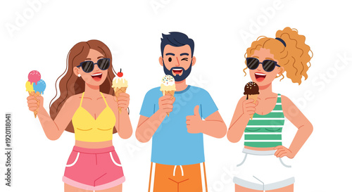 Three friends enjoying ice cream cones on a sunny day, vibrant colors and playful atmosphere, standing together happily