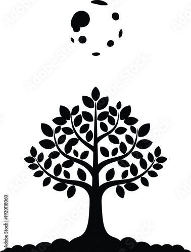 Tree silhouette with full moon at night, minimalist nature vector background, vesak day of full moon