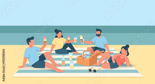 Group of friends enjoying a picnic on a sandy beach by the ocean