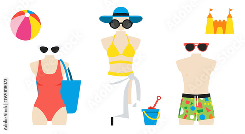 Three mannequins wearing swimsuits and sunglasses standing with beach accessories nearby on a clean white background from a straightforward viewpoint.