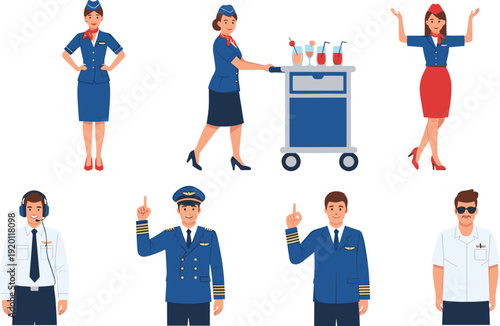 Airline crew and airport staff character set. Flight attendant serving drinks with pilot and ground officer. Aviation uniform vector illustration collection isolated on white background.