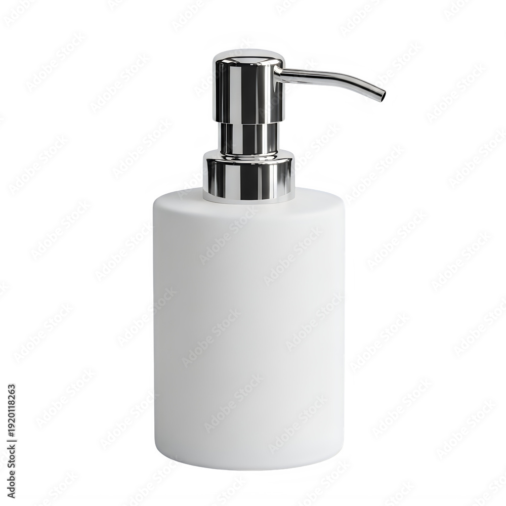 Obraz premium A white soap dispenser with a silver pump isolated on transparent background
