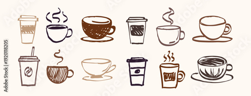 coffee in different cups in doodle style hand drawn set. colorful brown coffee time element hot drink