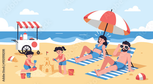 Family enjoys a sunny day at the beach with an ice cream cart nearby on the sandy shore