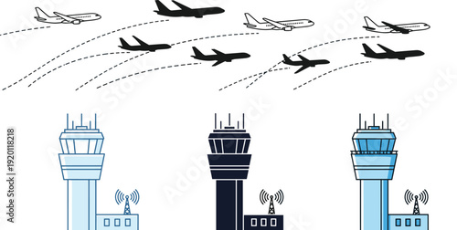 Airport control tower vector set. Airplane flight path silhouettes with radar signal. Aviation traffic management illustration collection isolated on white background.