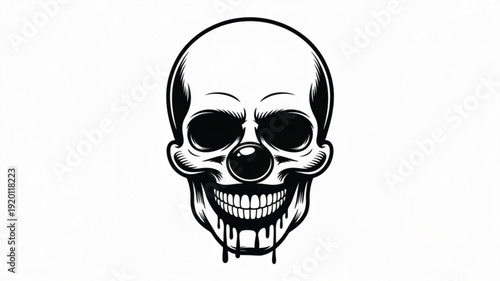 Grinning Skull with Clown Nose and Dripping Mouth black and white