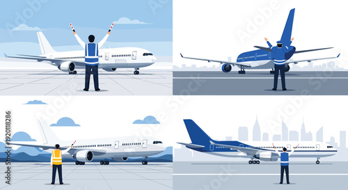 Airport ground crew guiding airplane. Aircraft marshaller signaling on runway. Aviation safety and air traffic control vector illustration set.