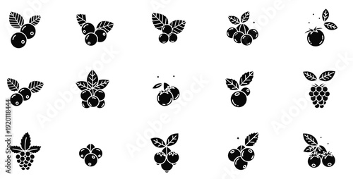Berry silhouette icons collection set. Black fruit symbols with leaves variations. Minimal flat vector illustration bundle.