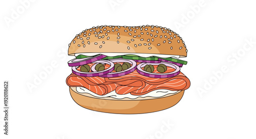 Delicious hand-drawn bagel with layered smoked salmon cream cheese red onion and capers a culinary graphic