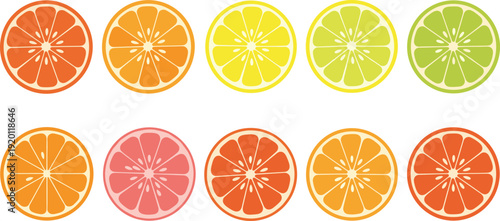 Colorful citrus slice vector set. Orange, lemon, lime and grapefruit round icons. Fresh fruit flat illustration collection.