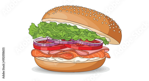 Vibrant cartoon illustration of a fresh, stacked sandwich featuring crisp lettuce, red onions, tomatoes, and deli meat nestled in a sesame seed bun.